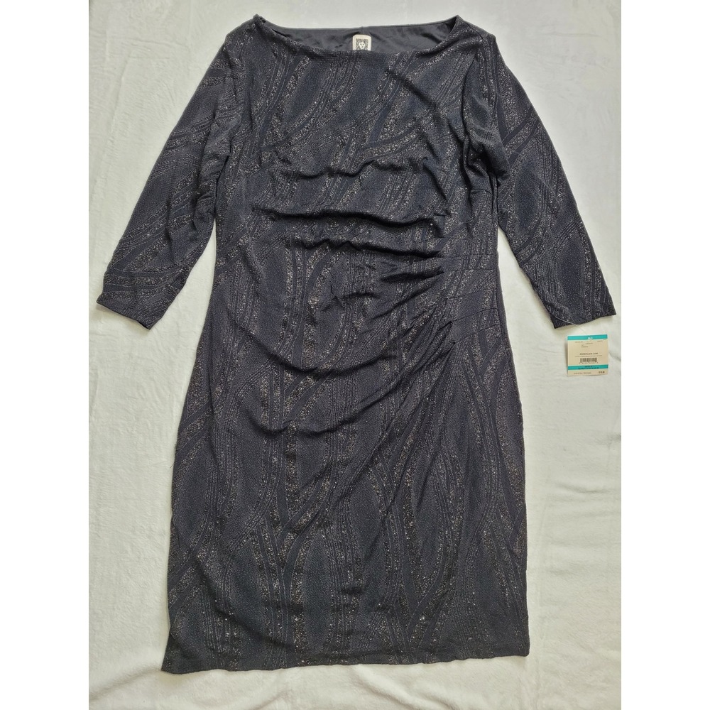 NWT Anne Klein Sheath Dress Women 16 Black Metallic Ruched Boat Neck 3/4 Sleeve